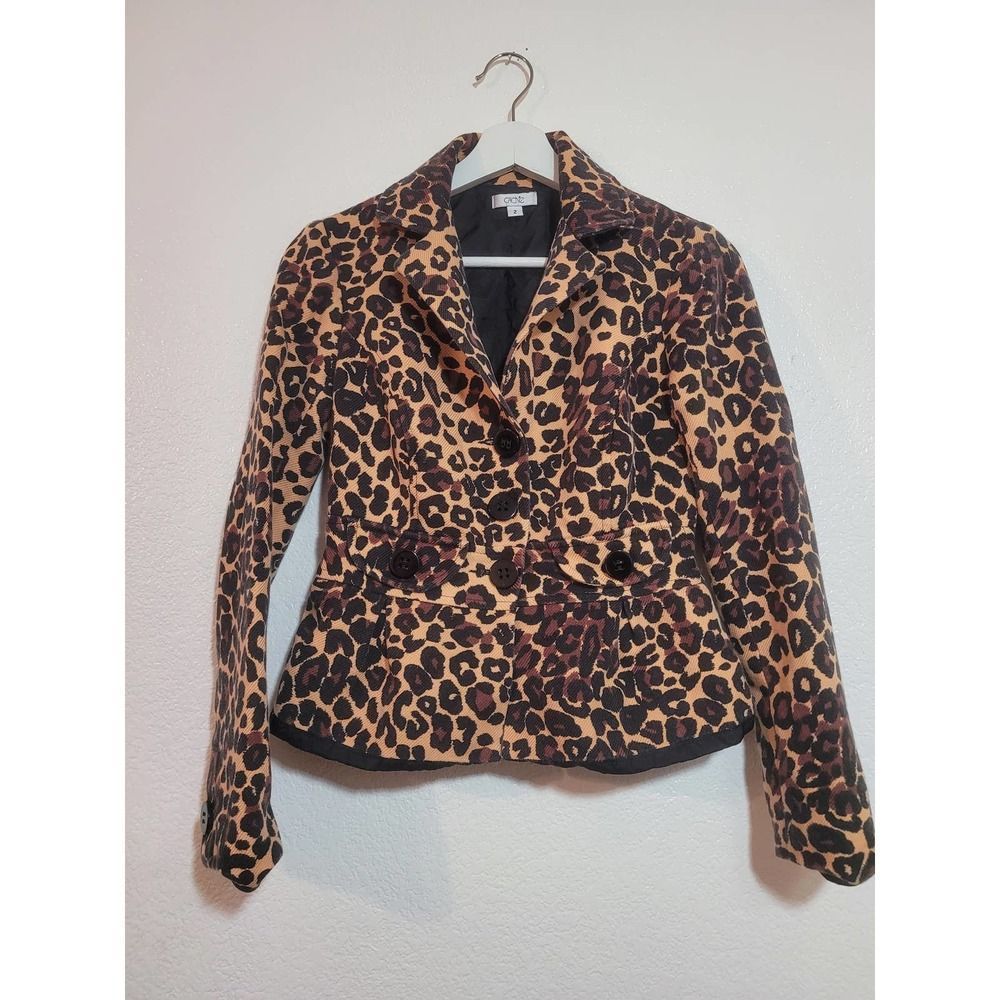 Cache Size 2 Leopard Silk Lined Jacket Peplum Top Congo Animal